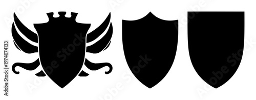 Heraldic shield set with geometric silhouette design featuring shield, heraldry, iconography with line art and minimal style