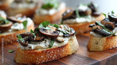Gourmet mushroom and herb appetizers on toasted bread for culinary displays
