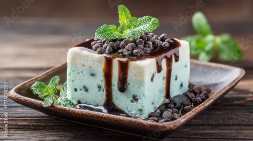 Delicious dessert with chocolate and mint leaves on wooden surface