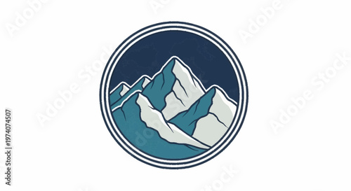 Illustration of snowy mountain peaks in a circular frame