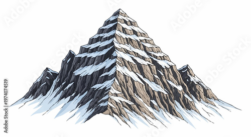 Snowy mountain peak illustration with rugged texture and white background