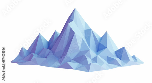 A polygonal illustration of a blue mountain range with multiple peaks rises against a white background.