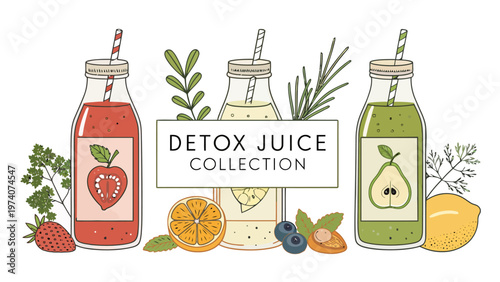 Detox juice bottles and jars collection with labels and fresh fruits on white background for healthy lifestyle