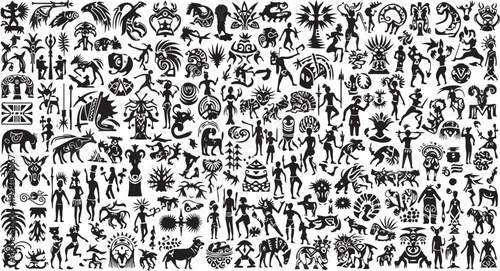 Black and white illustration of various ancient symbols icons