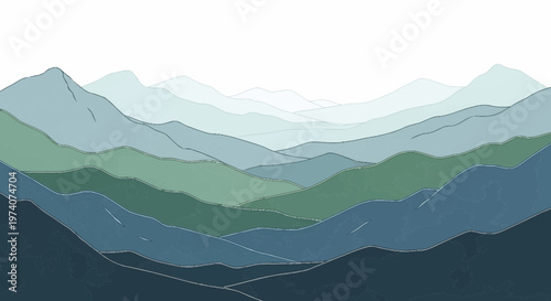 An illustration depicts layered mountains in various shades of blue and green under a white background.