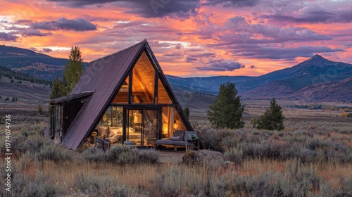 A frame cabin at sunset serene landscape with dramatic skies and mountains