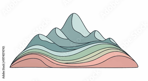 An illustration of layered mountain ranges depicted in a colorful, stylized manner.
