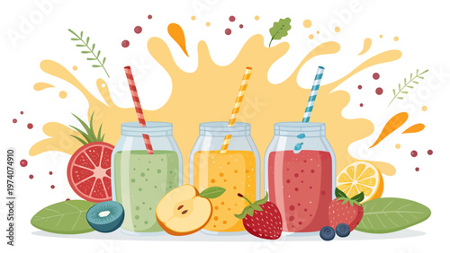 Colorful smoothie bar concept with fresh fruit and different flavors