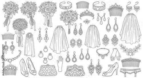 Collection of Vintage Jewelry and Accessories Hand-Drawn Illustration.