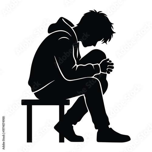 Anxious Teen Boy Sitting Silhouette Vector Stress Emotion Concept Icon Vector black design on a white background