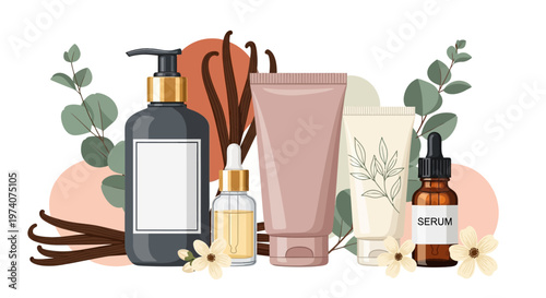 Natural Skincare Cosmetic Product Set Illustration with Serum Bottles, Cream Tubes, Vanilla Beans and Eucalyptus Leaves for Organic Beauty and Spa Branding
