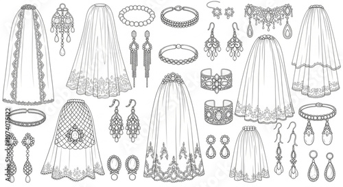 Collection of Vintage Jewelry and Accessories Hand-Drawn Sketch.