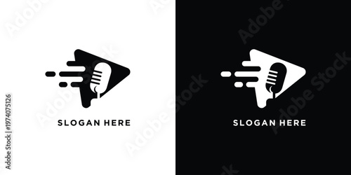 Creative microphone logo design with play button concept for podcasting.