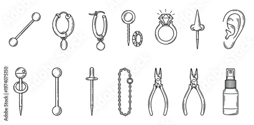 Diverse line drawing collection featuring body piercing jewelry designs, an anatomical ear, a sparkling diamond ring, and essential piercing tools, suitable for fashion, beauty, and