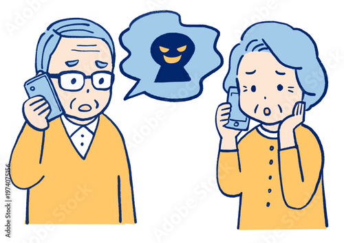スマホで話す高齢者男女が、不審な電話に困惑するイラスト