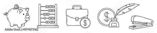 Group of essential business and finance tools featuring a piggy bank, abacus, briefcase, inkwell with quill pen, and stapler suitable for various financial management and office work
