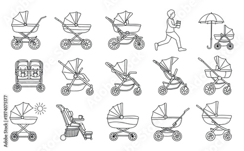 Comprehensive collection of various baby carriages and prams, including jogger and twin models, perfect for designs exploring parenthood, infant transport, and family activities