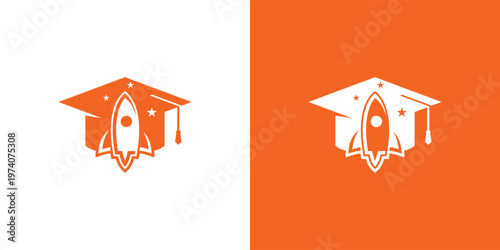 Orange rocket ship inside graduation cap logo design for education.