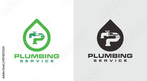 Plumbing Service Logo Design with Water Drop and Faucet.