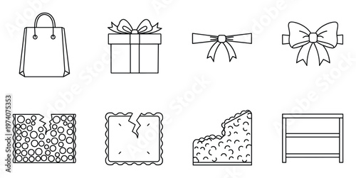 Outline line icon collection featuring shopping bags, gift boxes, decorative bows, and snack food items including wafers, crackers, and broken biscuits for ecommerce or food packaging