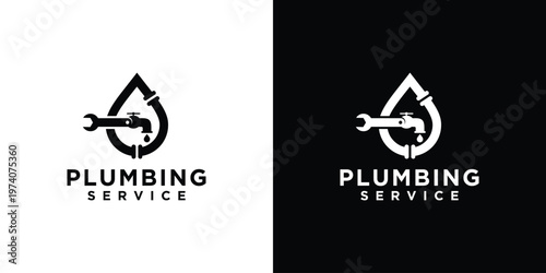 Plumbing Service Logo Design with Water Drop and Wrench.