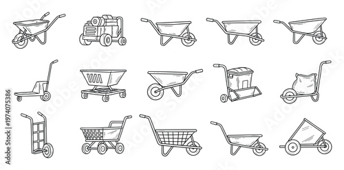 Collection of handpowered utility carts and wheelbarrows for various transport and material handling tasks suitable for construction and garden projects
