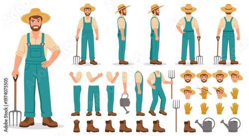 Professional farmer construction set including body parts and tools. Male character in overalls with pitchfork and watering can. Front side and back views for animation. Rural worker elements.