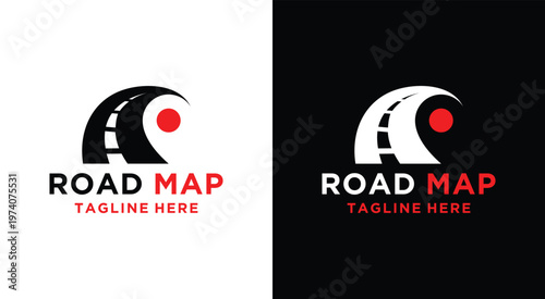 Road Map Logo Design with Red Dot and Black and White Backgrounds.
