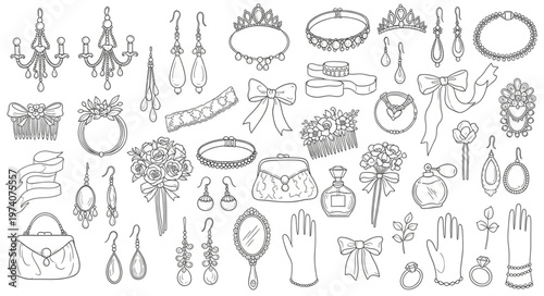 Collection of Vintage Jewelry and Ornaments Hand-Drawn Illustrations.