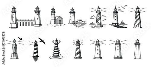 Collection of hand drawn lighthouses depicting maritime guidance and safe navigation, perfect for educational materials, nautical themes, and travel marketing