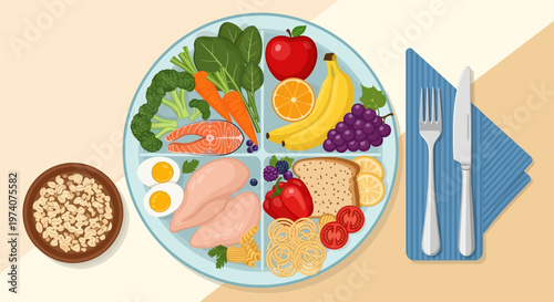Healthy Balanced Diet Plate Illustration with Food Groups: Proteins, Vegetables, Fruits, and Grains for Nutrition Education