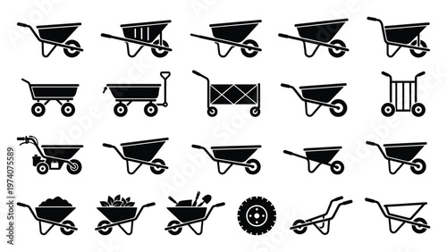 Comprehensive collection of wheelbarrow and garden cart icons for various applications including landscaping, agricultural work, and heavy material transport equipment visuals