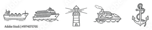 Doodle line vector set with maritime elements including cargo ships, passenger vessels, lighthouses, water scooters, and anchors ideal for travel and navigation projects