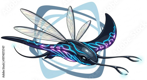 Vibrant insect with glowing blue and purple patterns flies in front of swirling light blue background