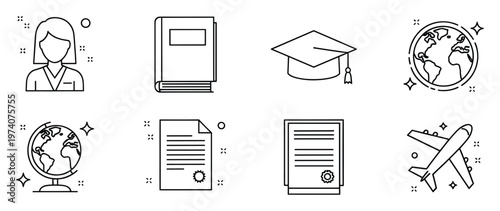Essential line icons for education and international travel, illustrating learning, graduation, global knowledge, official documents, and worldwide journeys for academic and career projects.