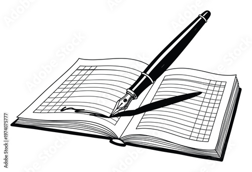 Elegant fountain pen poised to write or sign a document on an open ledger book with lined and gridded pages, perfect for illustrating financial record keeping, legal agreements, educational