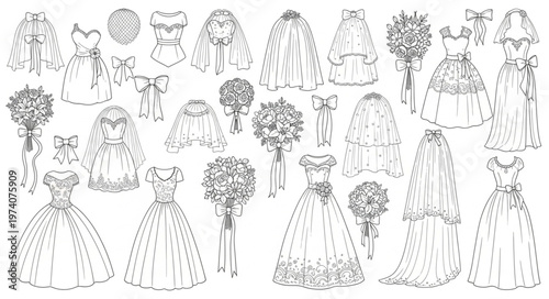 Collection of Vintage Wedding Dresses and Bouquets Line Art.