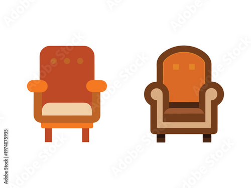 Two cartoon armchairs with orange and brown colors and beige cushions on white background  furniture design elements