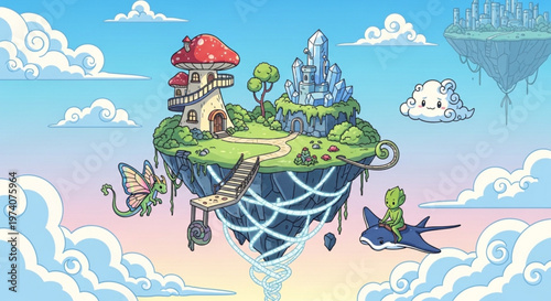 Whimsical fantasy island with mushroom house castle and dragonfly in a dreamy sky