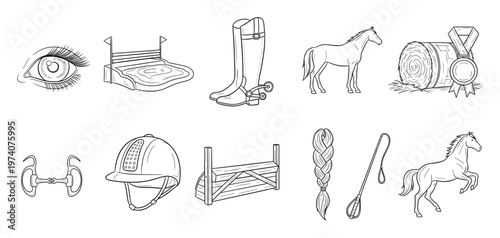 Equestrian sport equipment and horse stable items black outline collection for riding school education or animal themed design projects