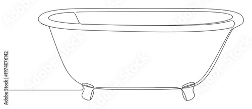 Minimalist single line artwork depicting a vintage style clawfoot bath appliance suitable for interior design concepts plumbing product listings or relaxing wellness promotions