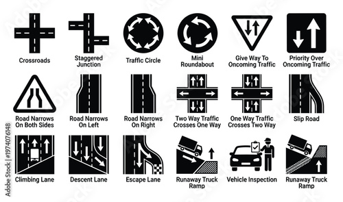 Comprehensive collection of diverse road signs and road layouts, including intersections, roundabouts, narrow roads, and special traffic lanes, useful for educational content and driver