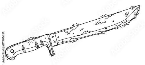 Dynamic line rendering of a distressed outdoor knife, showcasing a sharp blade and sturdy handle with rough textures, suitable for weapon icons, outdoor gear advertisements, or survival
