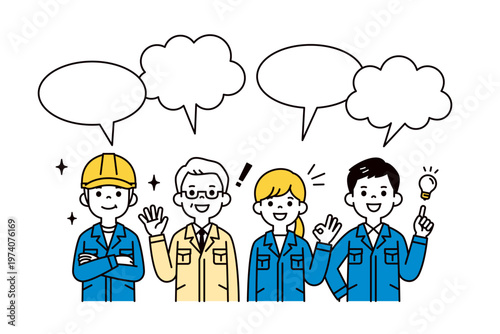 笑顔でコメントする、建設業・建築業で働く社員・従業員の上半身ベクターイラスト素材セット