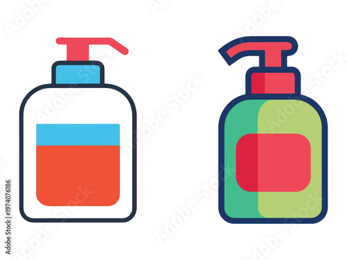 Two colorful hand sanitizer bottles with pumps and labels on white background  hygiene products