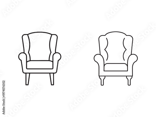 Two different wingback chairs in a minimalist line art style for interior design or furniture concepts  simple illustrations of classic armchairs with high backs