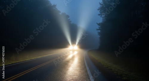Car headlights pierce dense fog on wet asphalt road at night