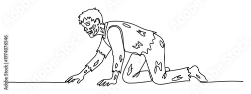 Creepy zombie character in a minimalist line drawing style, depicted crawling forward on its hands and knees, perfect for horror themes, Halloween events, or spooky graphic designs