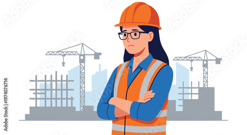 Woman in hard hat and safety vest looks concerned. Crossed arms posture. Construction site with cranes, unfinished buildings. Frustrated engineer or architect.