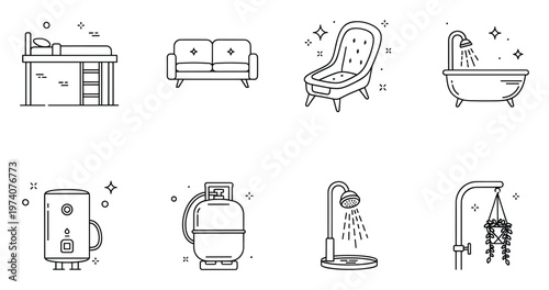 Collection of outline stroke icons representing household furniture, appliances, and fixtures like bed, sofa, armchair, bathtub, water heater, and shower for home decor and property listing